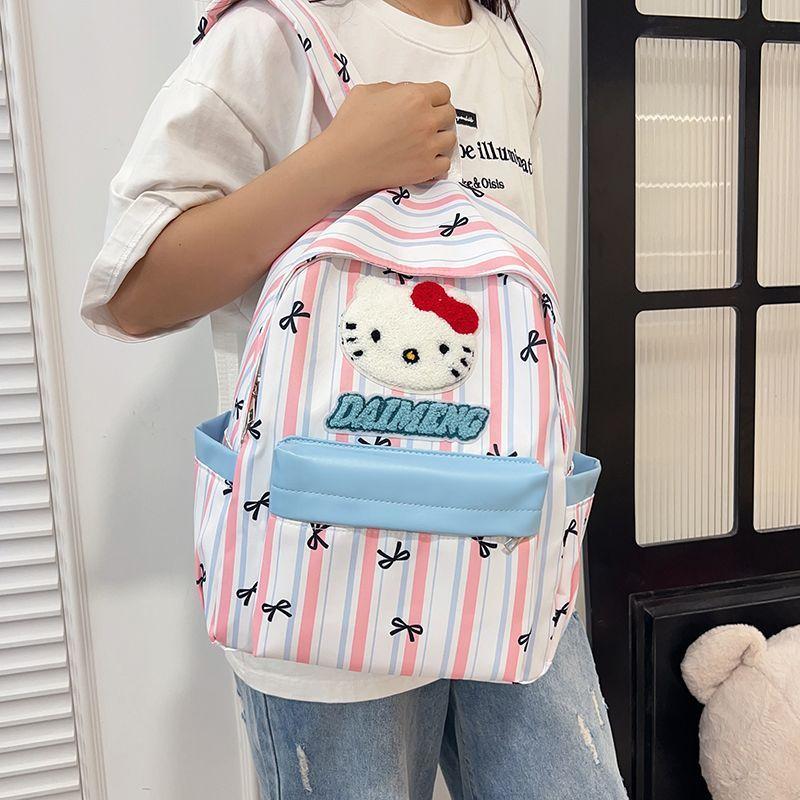 Schoolbag Japanese ins Cute Hello Kitty Striped Backpack Cartoon Puppy Bow Student School Bag Large Capacity Backpack