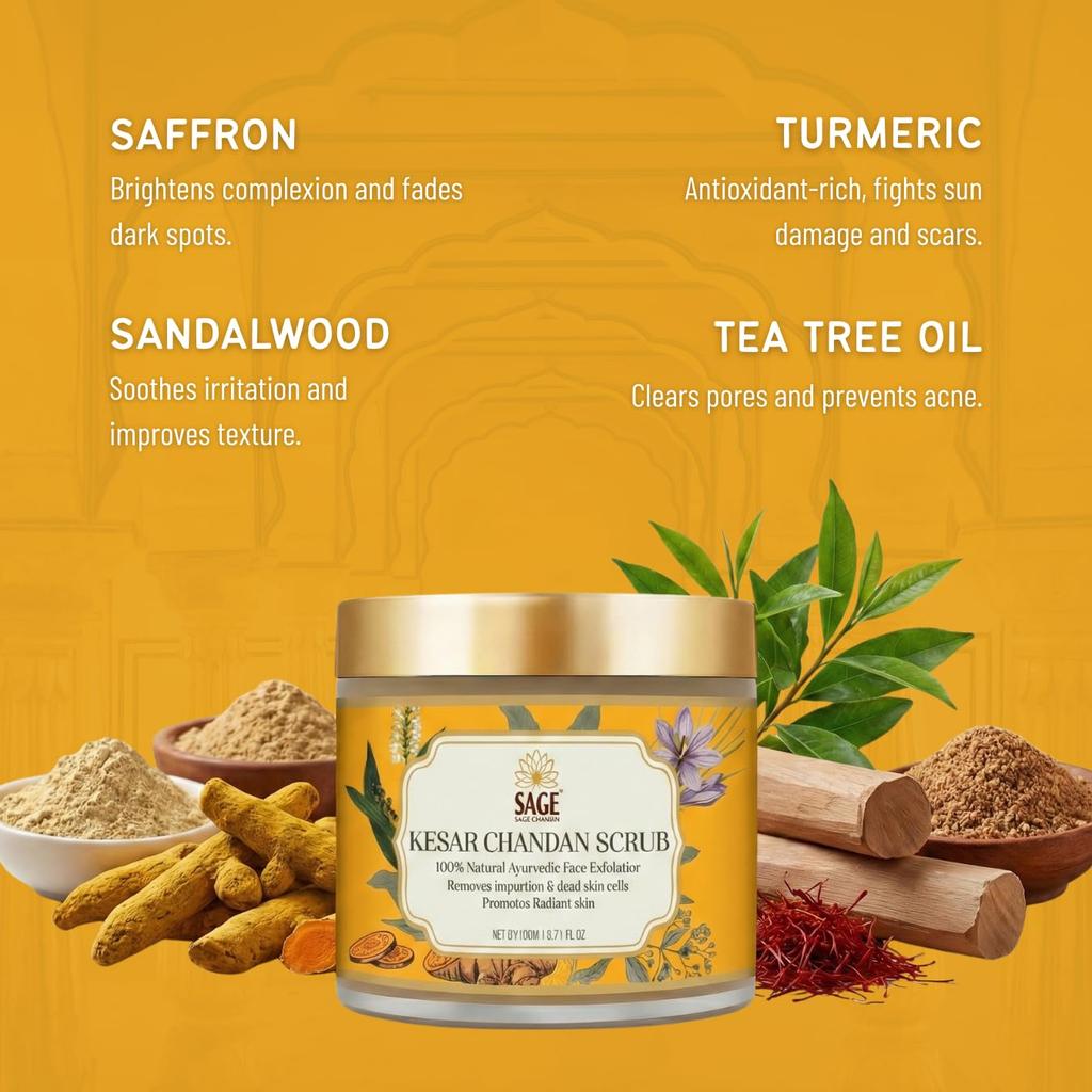 Sage Royal Ayurveda Kesar Chandan Face Scrub with Saffron, Sandalwood & Walnut | Helps with Tan Removal & Dead Skin | Contains Skin Brightening & P