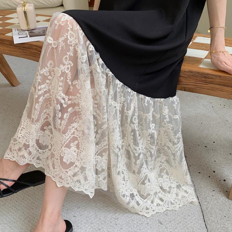 Dimanaf Vestido de verano de talla grande para mujer, holgado, vintage, informal, básico, de gran tamaño, con encaje empalmado, largo, 2025