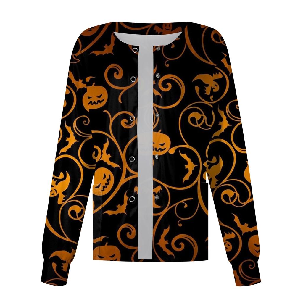 Ženy Vzor s dlouhým rukávem Kapsa Pracovní Halloween Potisk Stojací límec Jednořadý ochranný overal Cardigan Bunda Top