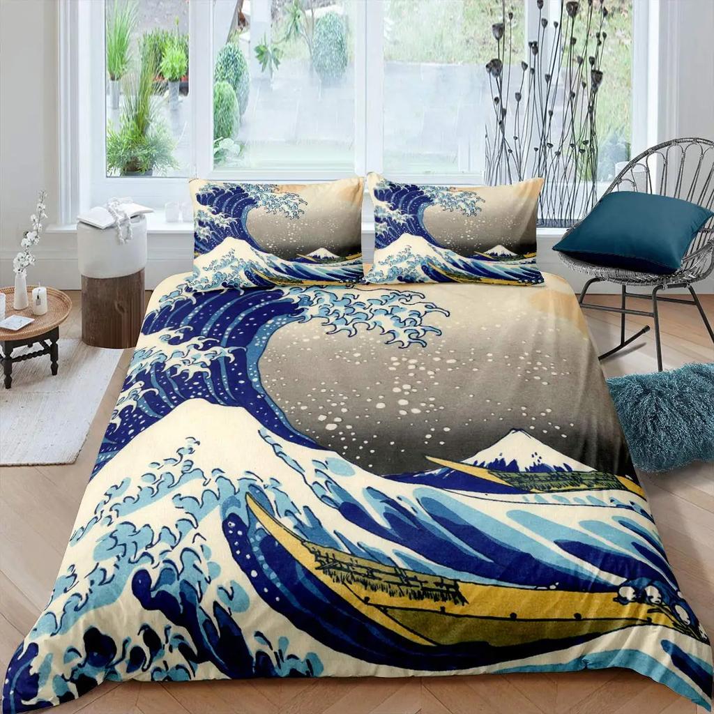 Ocean Wave King Queen Duvet Cover Red Sun Bedding Set Japanese Ukiyo-E Comforter Cover Exotic Navy Blue Polyester Quilt Cover
