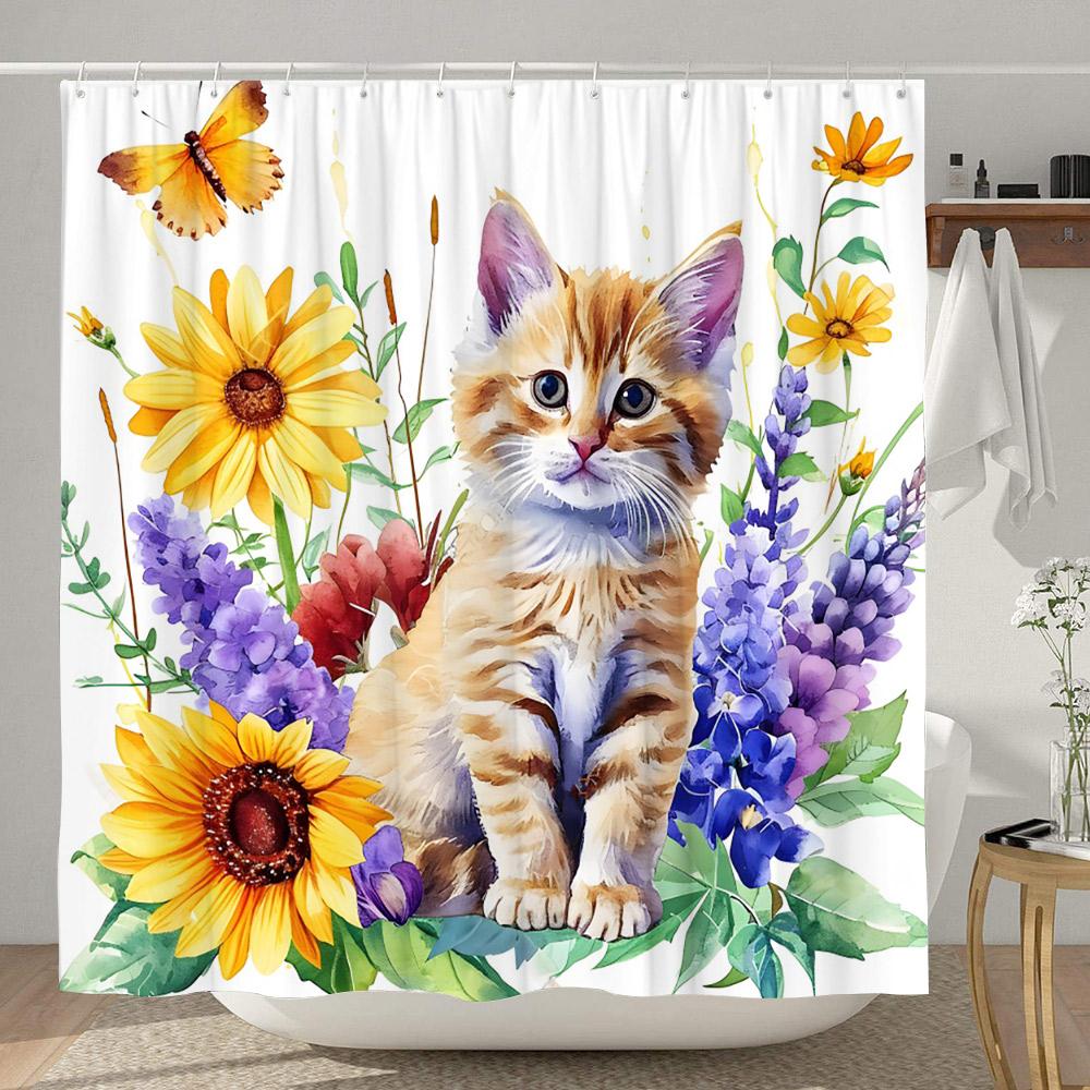 Farm Funny Animals Shower Curtain Highland Cow Cat Sunflower Floral Rustic Country Home Polyester Fabric Curtains Bathroom Decor