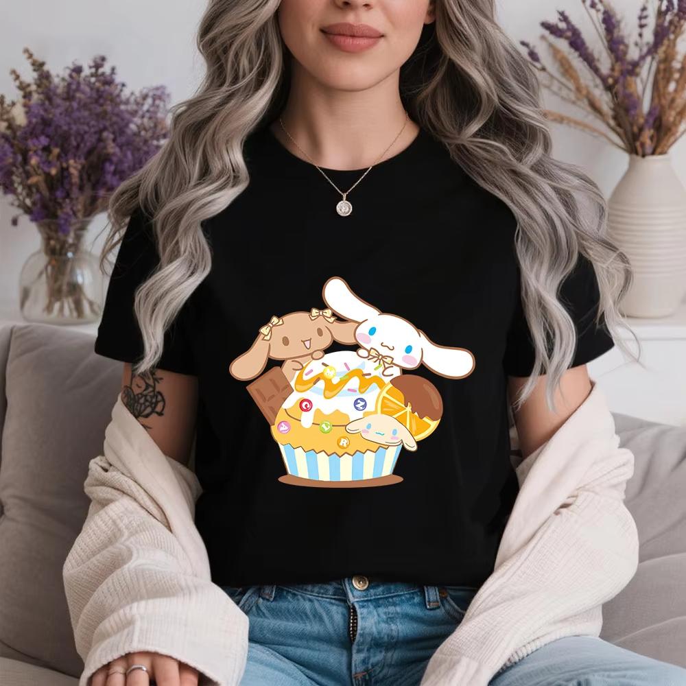 

2026 Summer Cinnamoroll Sweet Feast Print 100 Cotton T Shirt for Women Casual Loose Fit Soft Comfortable Daily Wear Top S