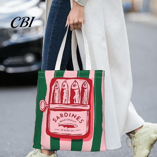 Durable Fabric School Bag Striped Canvas Tote, Sardine Can Pattern, Reusable Shopping Bag, Foldable Versatile Everyday Handbag Tote for Women Men Gym