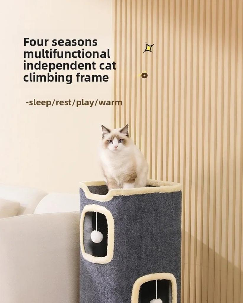 Creative 2/3-tiers Indoor Cat Castle House All-in-one with Holes Cat Bed Cylindrical with Hanging Fluffy Ball Large Cat Cave
