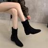 Short boots 2025 autumn and winter new suede round head thick heel medium heel short boots pleated pile boots high heel western boots