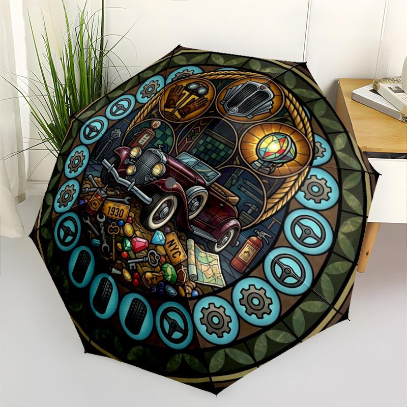 Vintage Auto Glasmuster Schirm, tragbares und faltbares Design, 8 Schirmstäbe, ein lässiges Accessoire für Halloween-, Weihnachts- und Geburtstagsgeschenke.