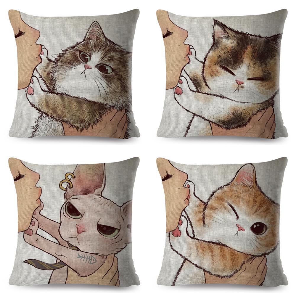 Lustige Liebe Kuss Niedliche Katze Kissenbezüge für Sofa Zuhause Auto Kissenbezug Kissenbezüge Dekor Cartoon Kissenbezug 45x45cm