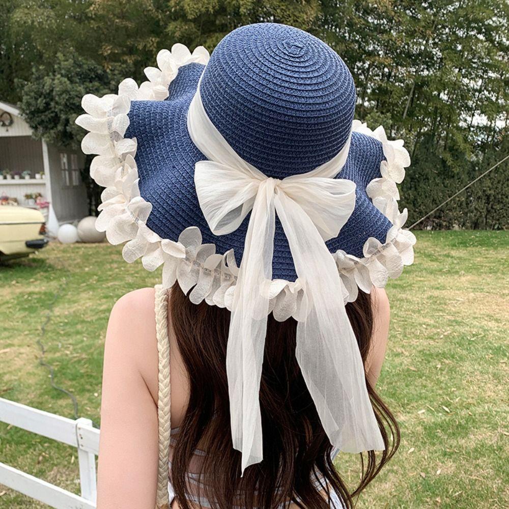 Breathable Straw Hat Wide-brimmed Beach Hat Sweet Sunshade Hat  for Summer Sun Protection