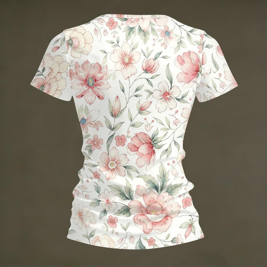 Camiseta Floral de Manga Corta con Cuello en V para Mujer, Informal, Holgada, Tejido Ligero y Suave, Top para Uso Diario, Oficina, Viajes