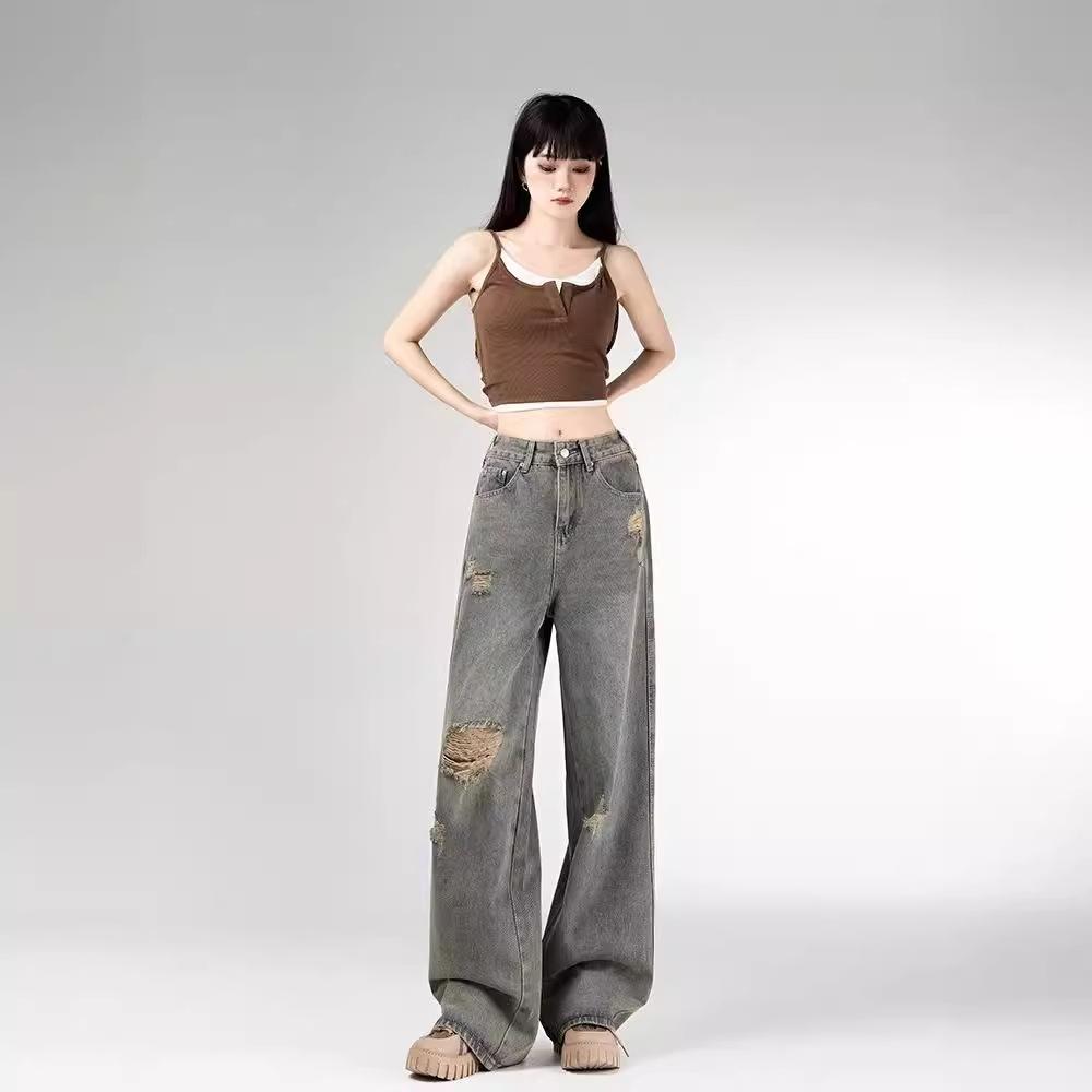 Retro Ripped Straight Jeans Women's Autumn New Design Sense Versatile Loose High Waist Wide Leg Trousers