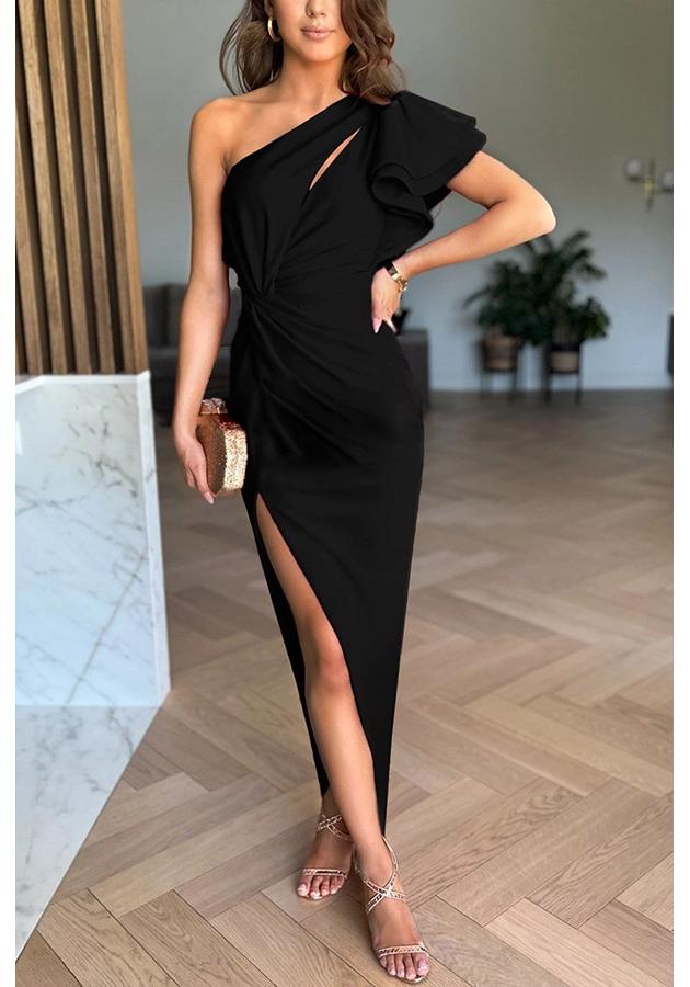 European and American Women's Cross-shoulder Hollow-out Ruffled Sleeve Solid Color Slit Gown Dress