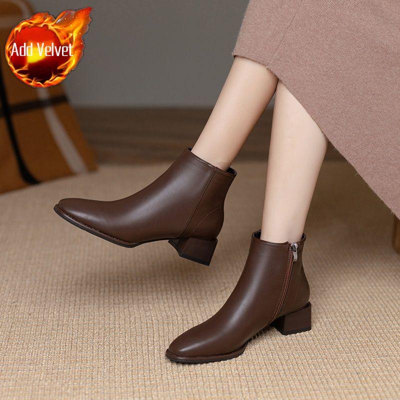 Elegant With Medium Heels Women'S Ankle Boots Autumn Winter Leather Fleece-Lined Booties High Quality Chelsea Female Short Shoes