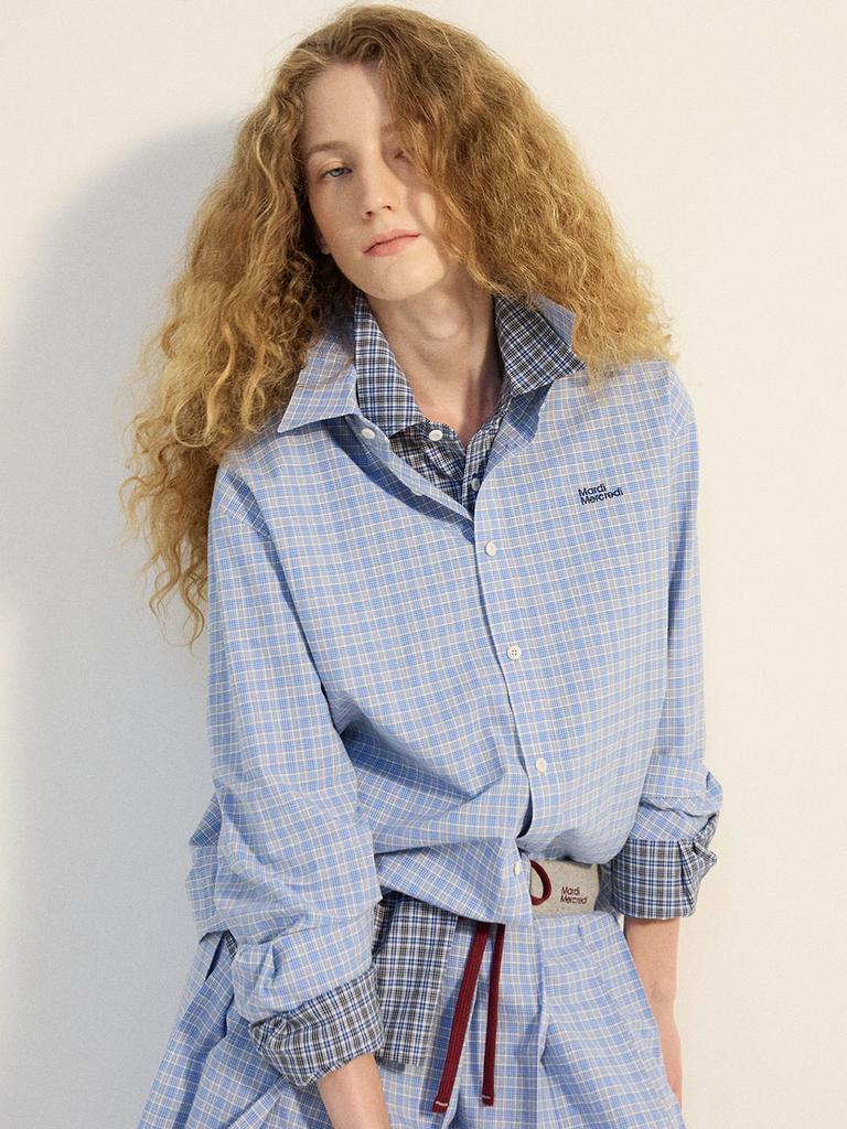 [mardimercredi] Cotton Shirt Check Logo Blue