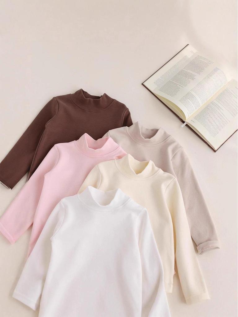 Children's Double-Sided Brushed Cotton Pullover: Semi-High Neck, Long Sleeve, Versatile Plain Color Perfect for Spring and Autumn.
