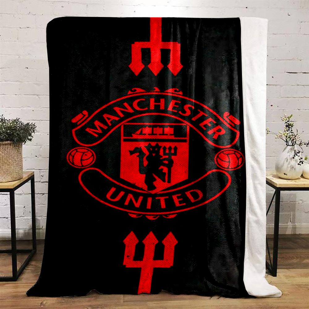 Manchester United Logo Warm Blanket, Black and Red. Flannel Blanket for Bedroom, Living Room, Sofa, and Nap.