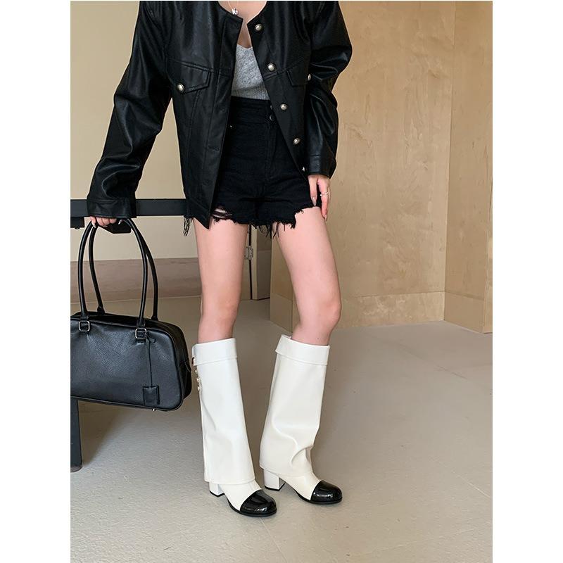 French Xiaoxiangfeng Round Head Color Matching Knight Boots Versatile Thick Heel High Boots Leather But Knee Boots Women's Pants Tube Boots