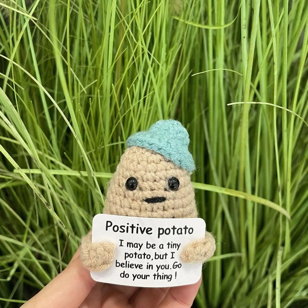 White Elephant Gifts Potato Mini Funny Knitted Wool Toy with Positive Card Cute Creative Life Doll Potato for Birthday Gift