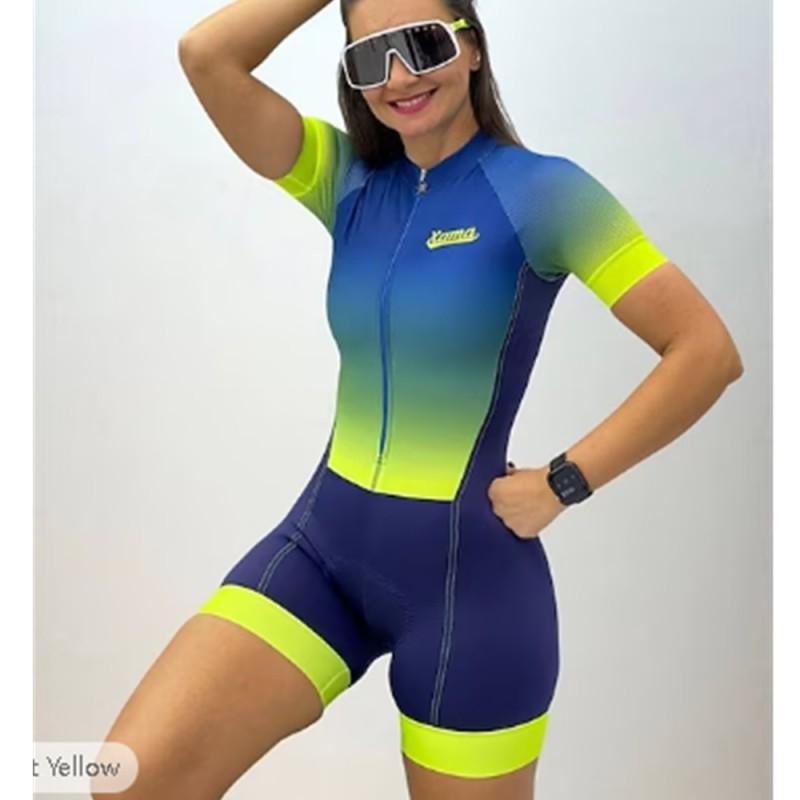 Tuta Triathlon Monopezzo Manica Corta da Donna Blu Uniforme Asciugatura Rapida Abbigliamento Sportivo Performance