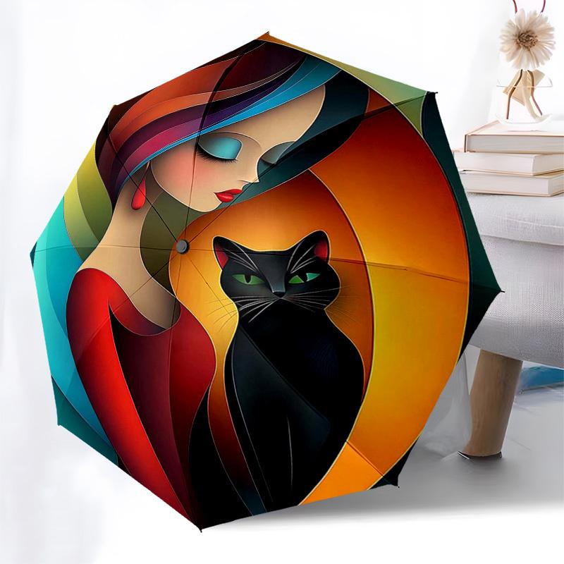 

1pc Colorful Abstract Art Woman with Cat Umbrella, Automatic Opening/Closing Umbrella, Portable Folding Design, Outdoor Use, Gift for Fans & Travelers