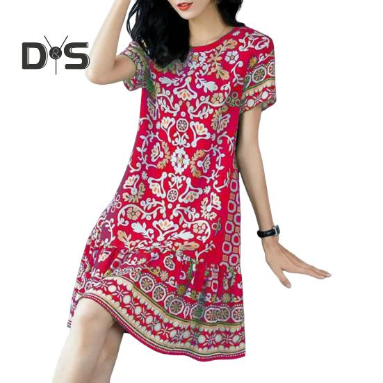 Letní dámské šaty s kulatým výstřihem Poloviční rukávy Retro potisk A-line Velký lem Délka ke kolenům Volné Běžné Denní nošení Dovolená Midi Šaty