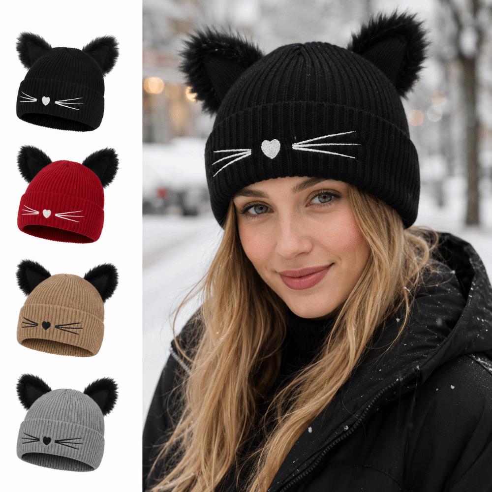 Embroidery Cat Ear Beanie Faux Fur Winter Hat Cute Kawaii Beanie For Women