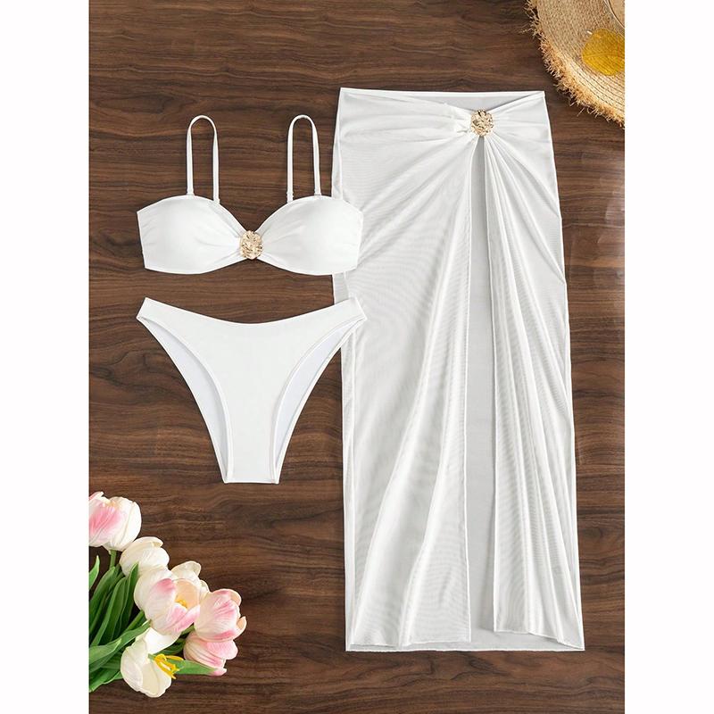 Solid Color 3-piece Bikini Sexy Swimsuit High Cut Beach Dress New Bathing Suit Cover Up Long Skirt Holiday Wear