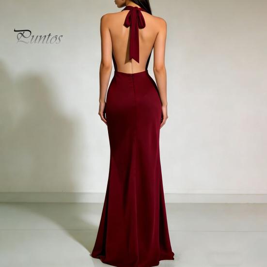 Beach Dress Women Sexy Backless Maxi Dress, Deep V Neck Sleeveless Lightweight Summer Halter Satin Long Formal Evening Party Mermaid Gown Elegant