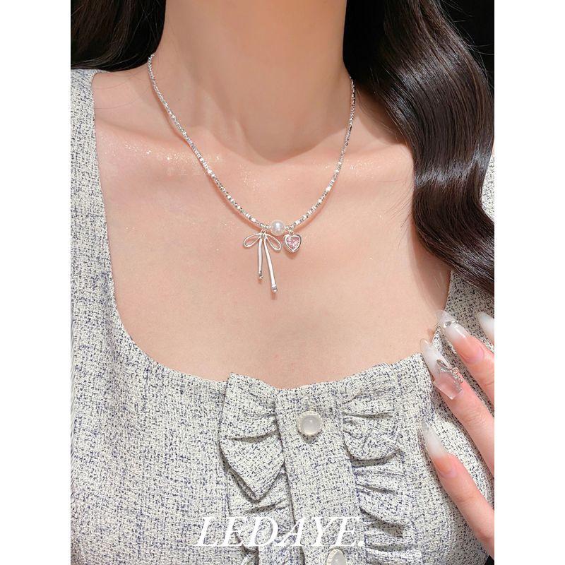 

Uncle Li s Store Heart Ribbon Silver Necklace Shijia Pearl S925 Korean Style Atmosphere Jewelry Gift Heart Ribbon Shattered Silver Necklace