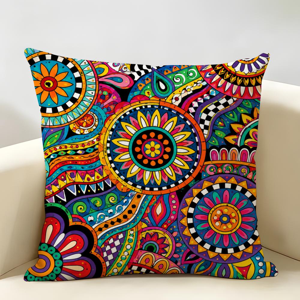 Colorful Vivid Circle Pattern Cushion Cover Durable Hypoallergenic Organic Linen Short Pillow Cover Washable