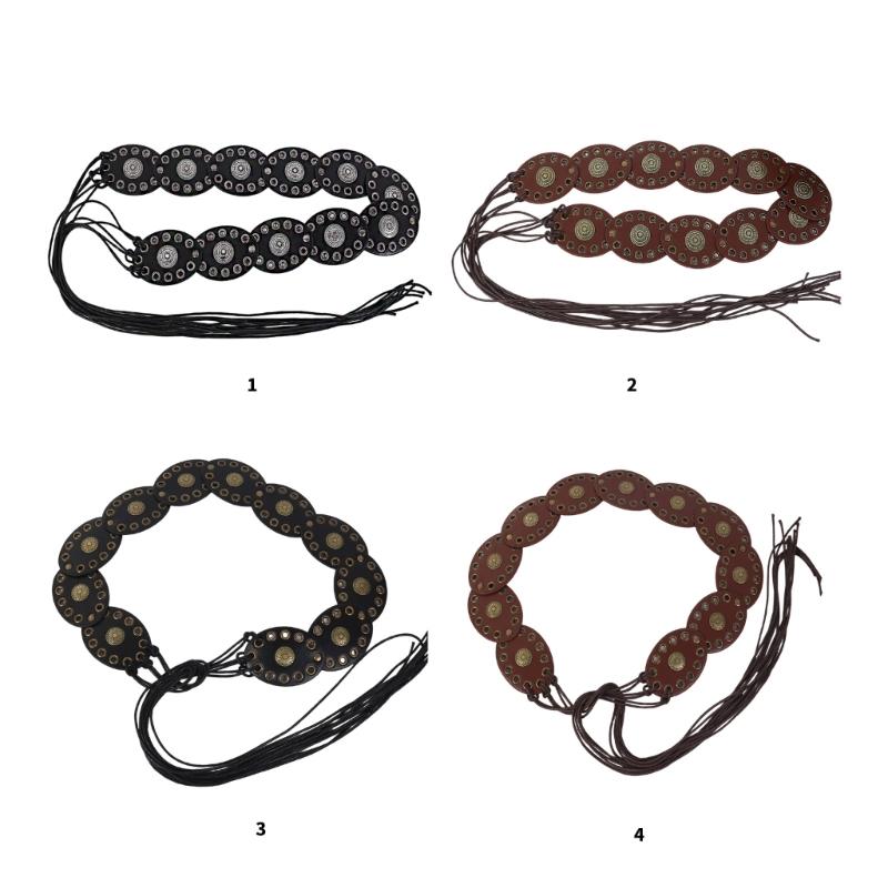 Bohemian Oval Disc Waist Belt PU Leather Selftied Belt Adjustable Waist Strap For Women Girl Daily Outfit Stage Wear