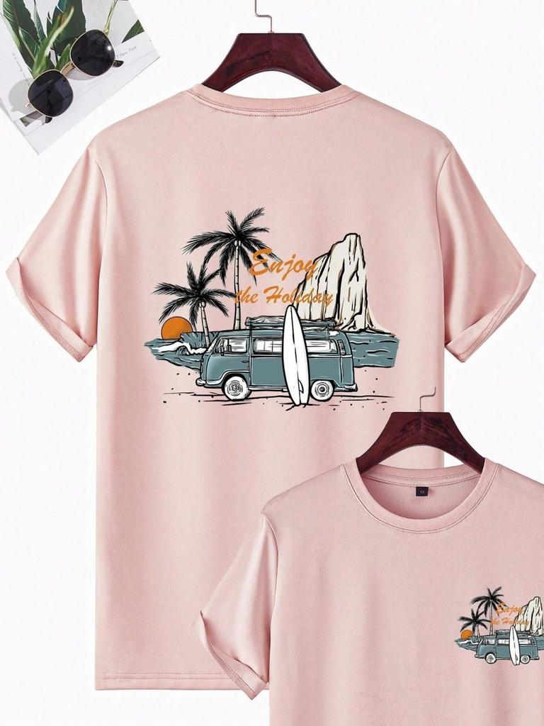 Fashionable mens summer new car and mountain print micro elastic breathable round neck Tshirt outdoor vacation casual top