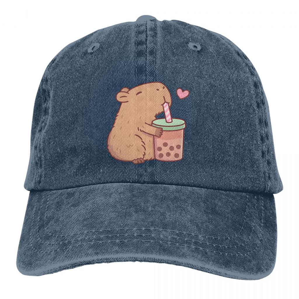 Cute Capybara Loves Bubble Tea Unisex Baseball Caps Adjustable Casual Cotton Sun Hats Unisex Dad Hats