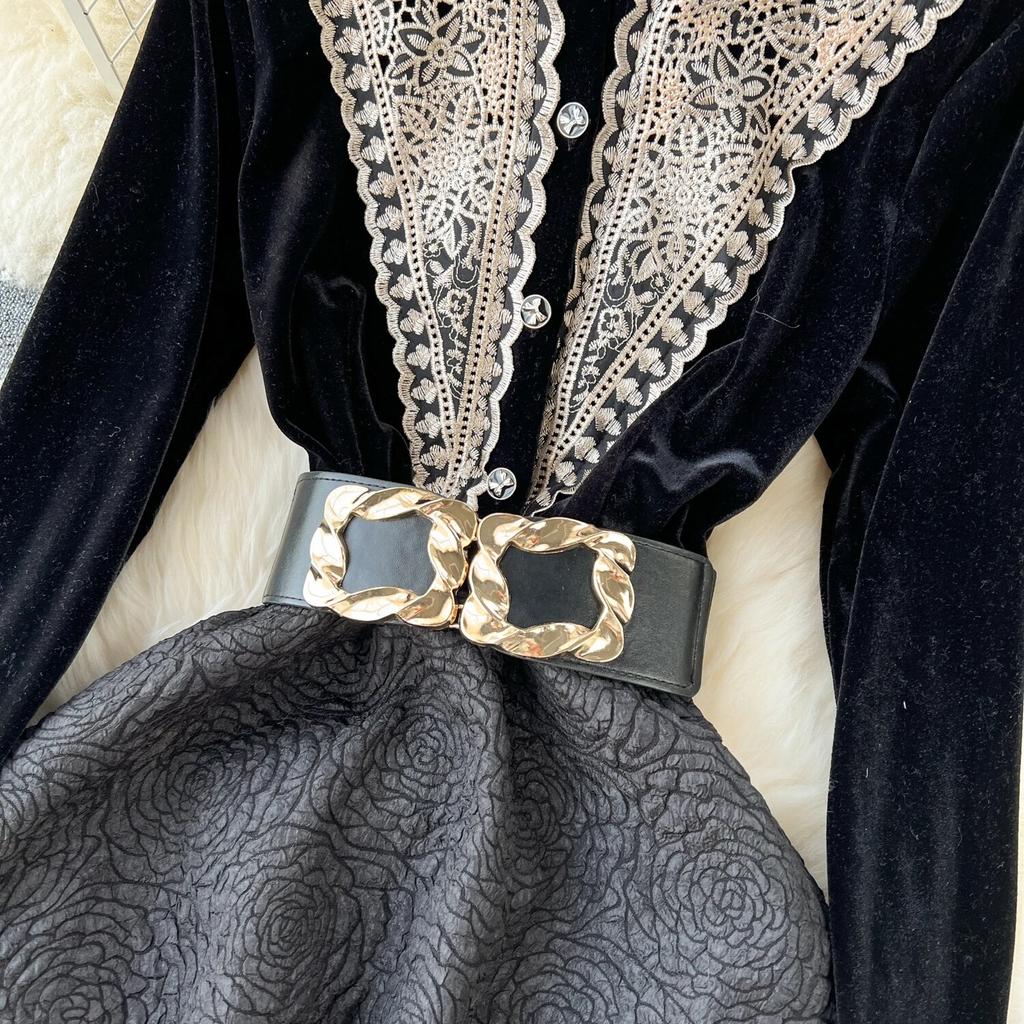 Solid Elegant Dress Women Winter Patchwork Lace Party Midi Dress Female Casual French Style Sweet Kawaii Korean Dress Women 2024