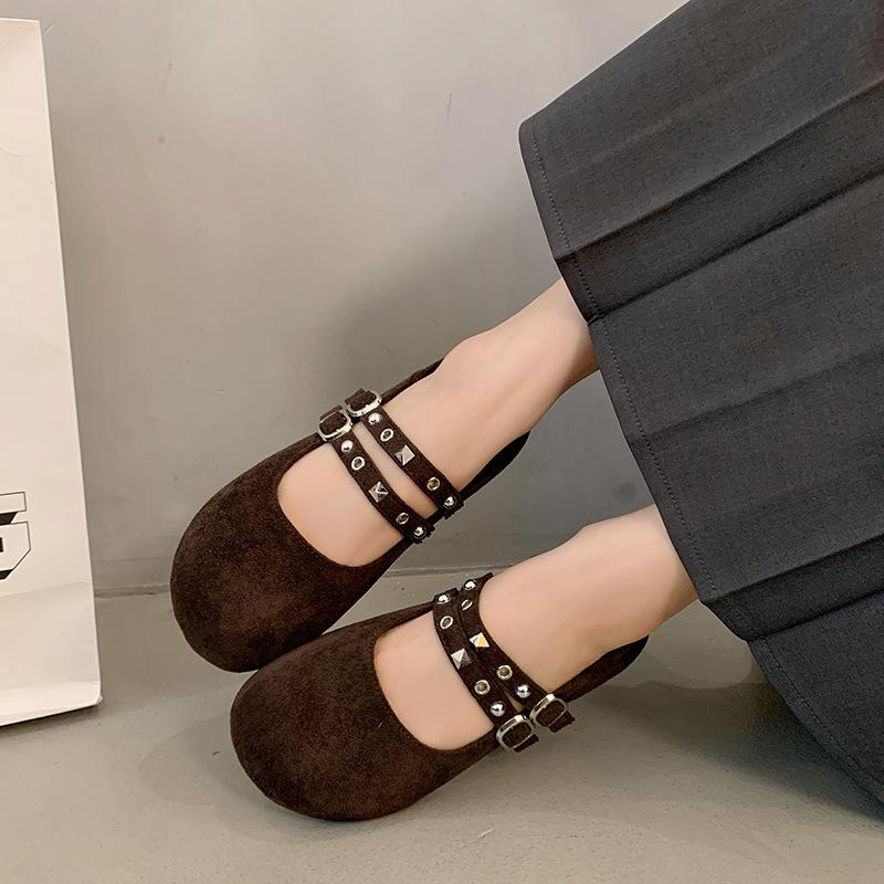 Retro Round Head Double Buckle with Mary Jane Shoes Women's 2025 Spring and Autumn Korean Version of the Style Shallow Mouth Fashion Versatile Sin