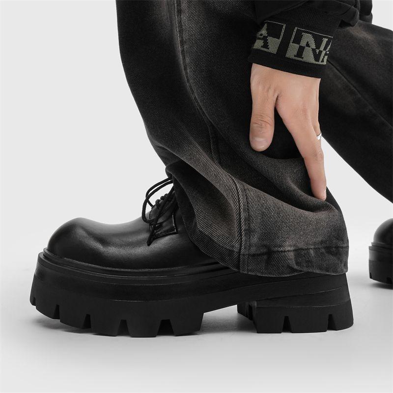 Thick-soled Derby Shoes for Men's Advanced Sense, Black Heightening Big Head Leather Shoes