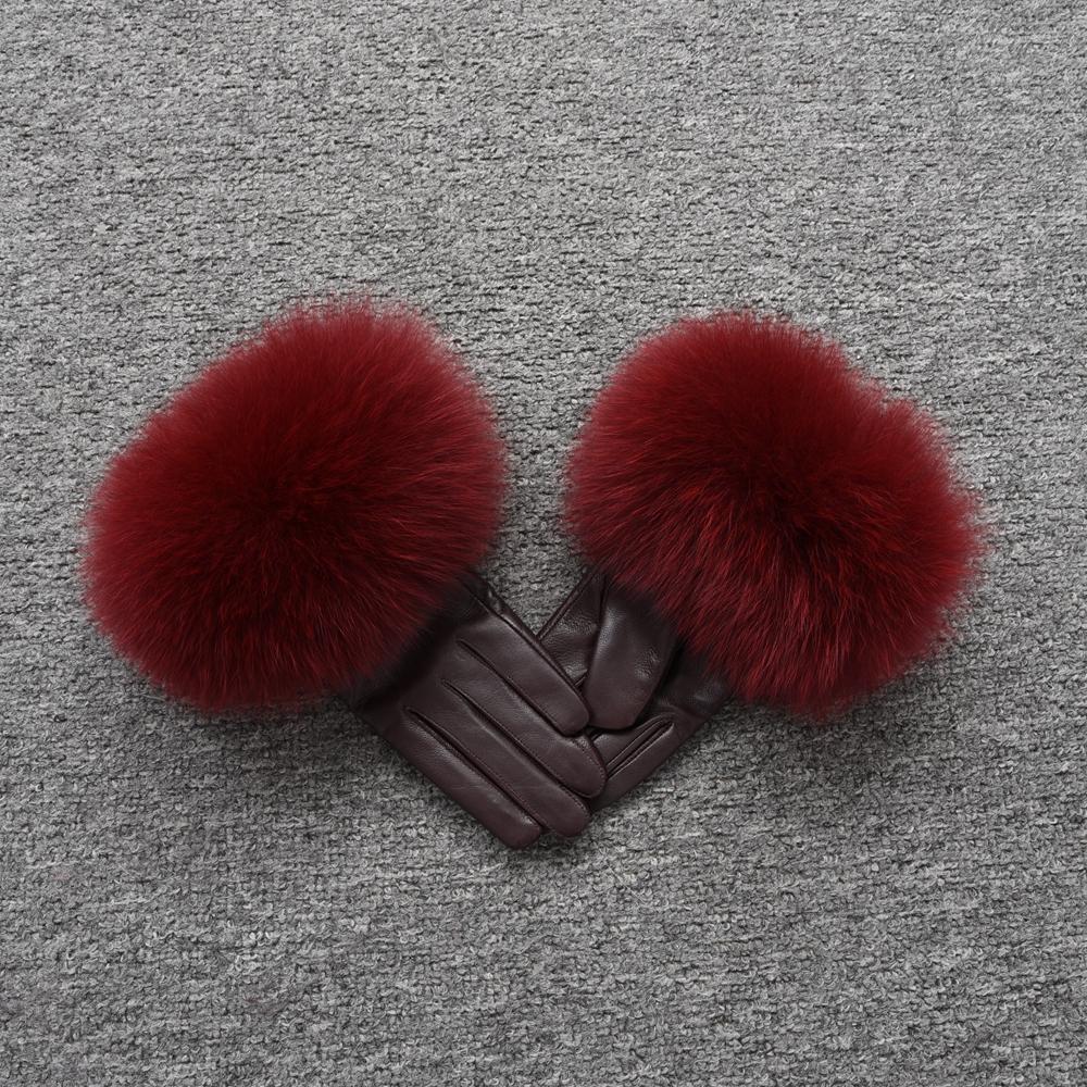 2023 Fashion Outdoor Driving Winter Real Sheepskin Leather Fox Fur Gloves Women вино красного