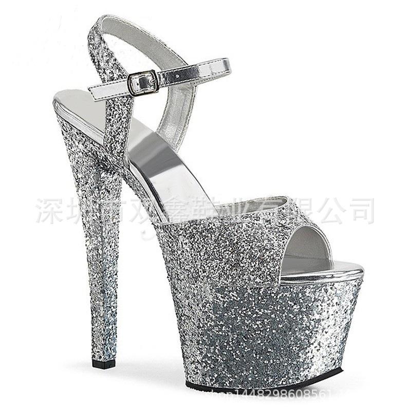 

17 см супер высокий каблук среднего размера рыбий рот кожа дамская резина заказ пряжка французский черный модные босоножки 46 серебряный