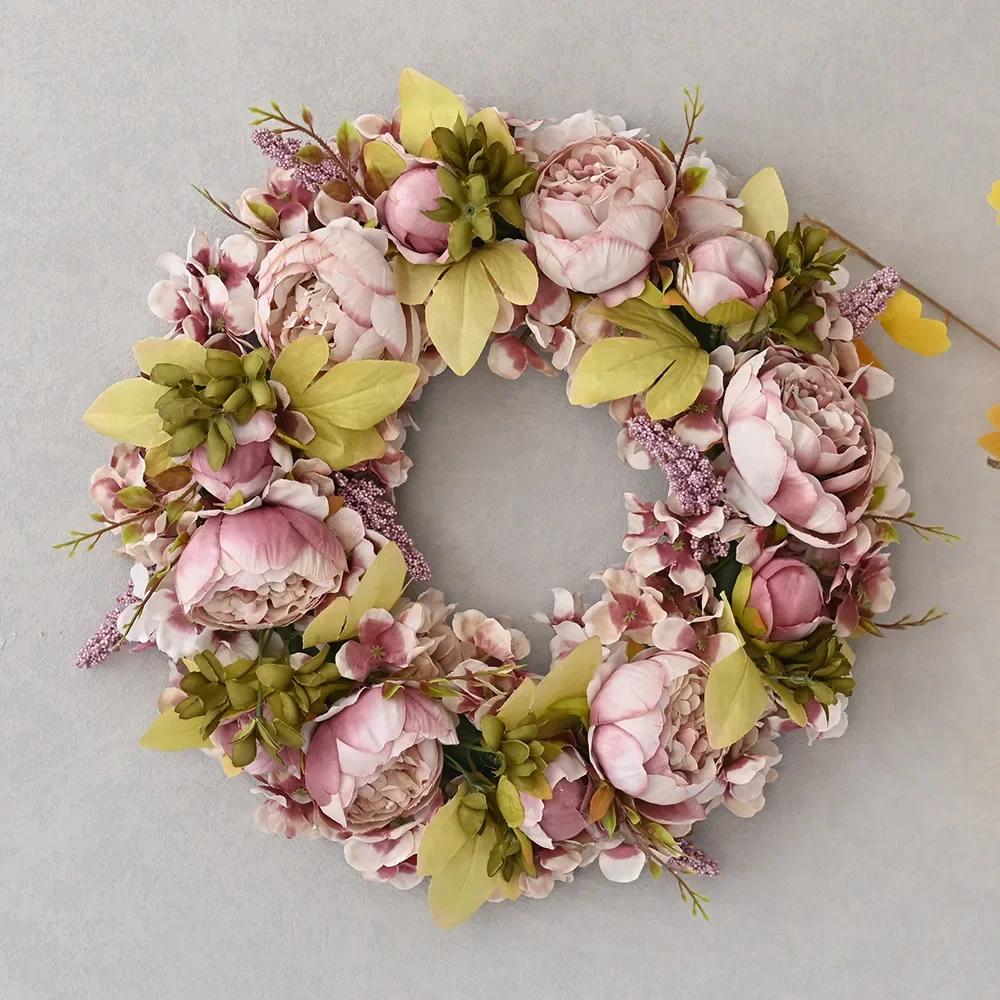 45CM Artificial Peony Wreath Door Decoration Wedding Lintel Flower Photography Props Living Room Wreath Floral Decoration
