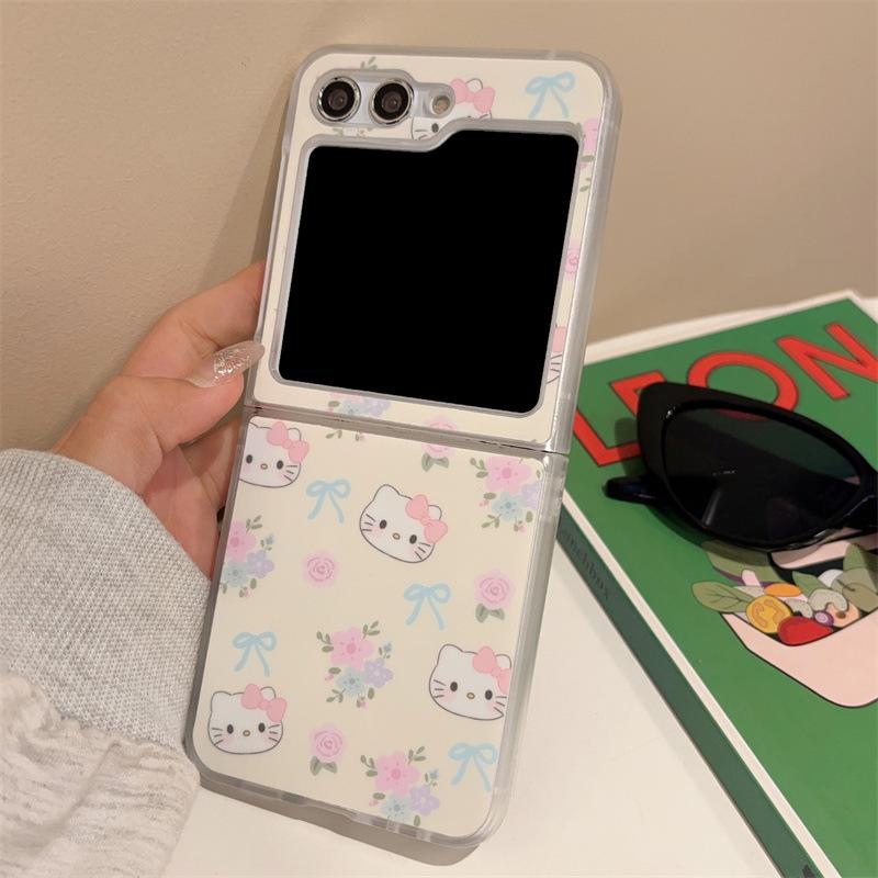 Floral bear rabbit design for Samsung Z Flip 3/4/5 and Oppo N3 Flip phone case with card pocket.