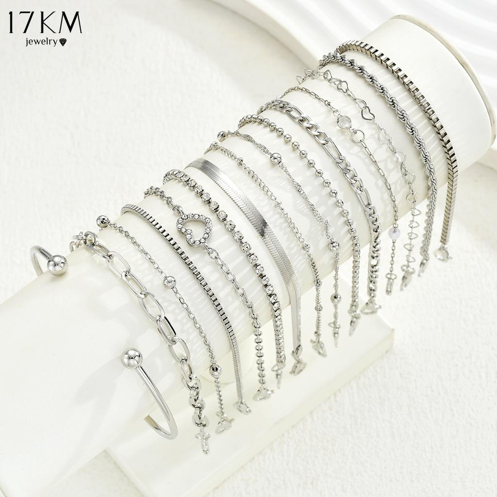 17KM 15 Piece Knotted Inlaid Heart Bracelet Set Fashion Jewelry Women Trendy Shiny Daily Party Accessory Gift For Her