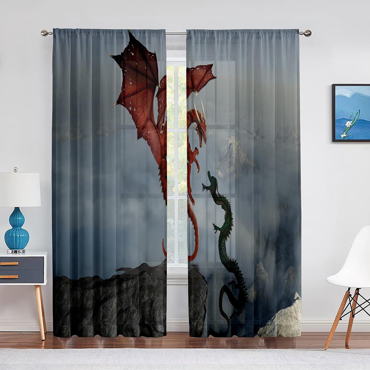 

Фэнтезийные тюлевые шторы со средневековым драконом для спальни, дома, гостиной, художественное украшение, шифоновая прозрачная вуаль, кухонная оконная занавеска 1 PCS W100XH250cm&Grommet Top
