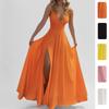 Spring Summer New European American Style Women's Fashion Solid Color Spaghetti Strap Sexy Slim Fit Slit Ruffled Trim Midi Dress