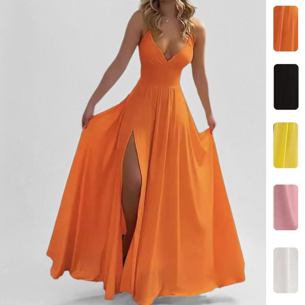 Spring Summer New European American Style Women's Fashion Solid Color Spaghetti Strap Sexy Slim Fit Slit Ruffled Trim Midi Dress