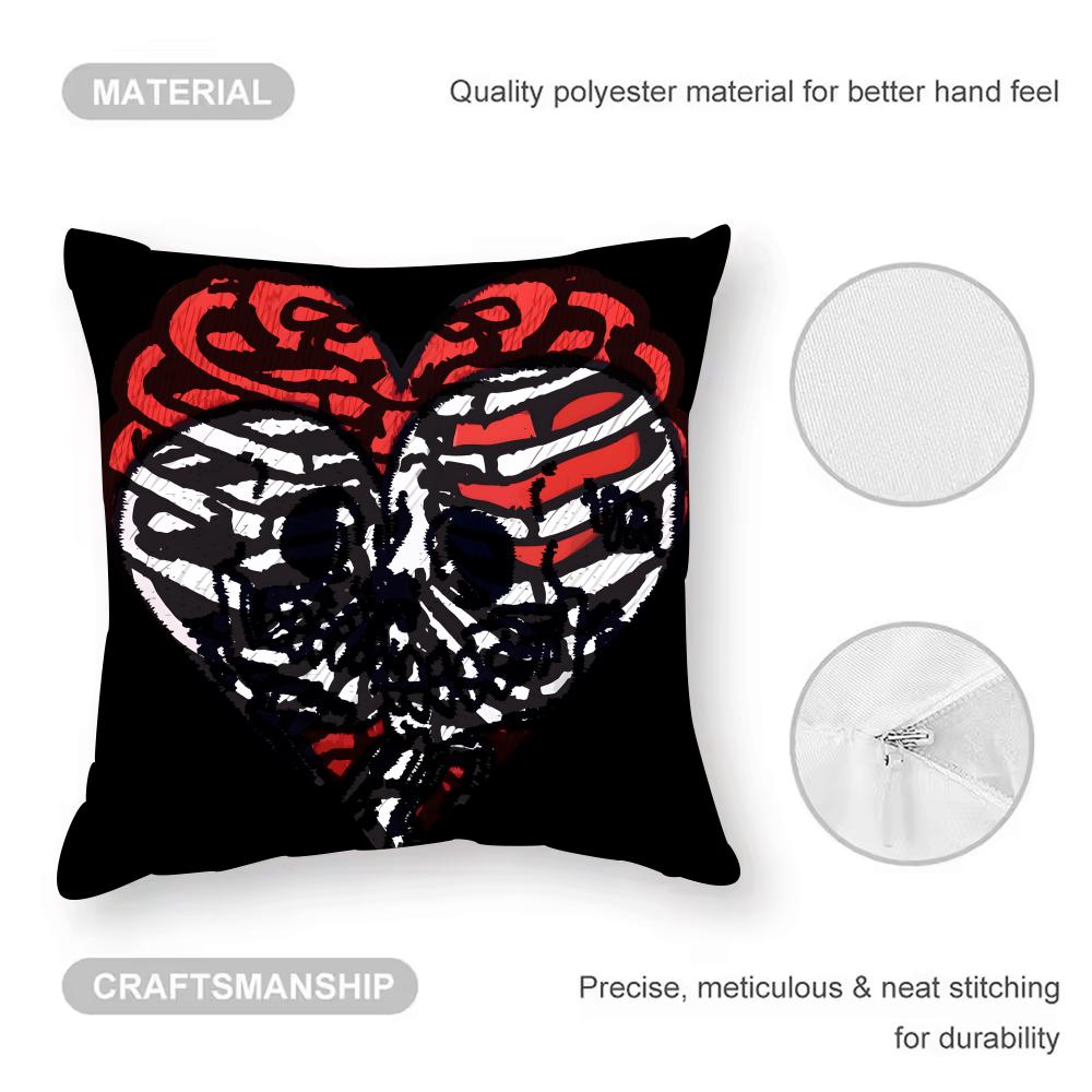 Cool Skull Heart Print Cushion Cover Anti-dustmite Pillowcase Invisible Zipper Silky Short Plush Sofa Cushion Cover