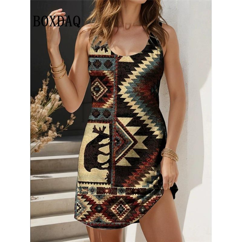 New Sundress Summer Casual Floral Print Dress Loose Vintage Ethnic Style O-Neck Sleeveless Dress For Women 2025 Fashion Clothing