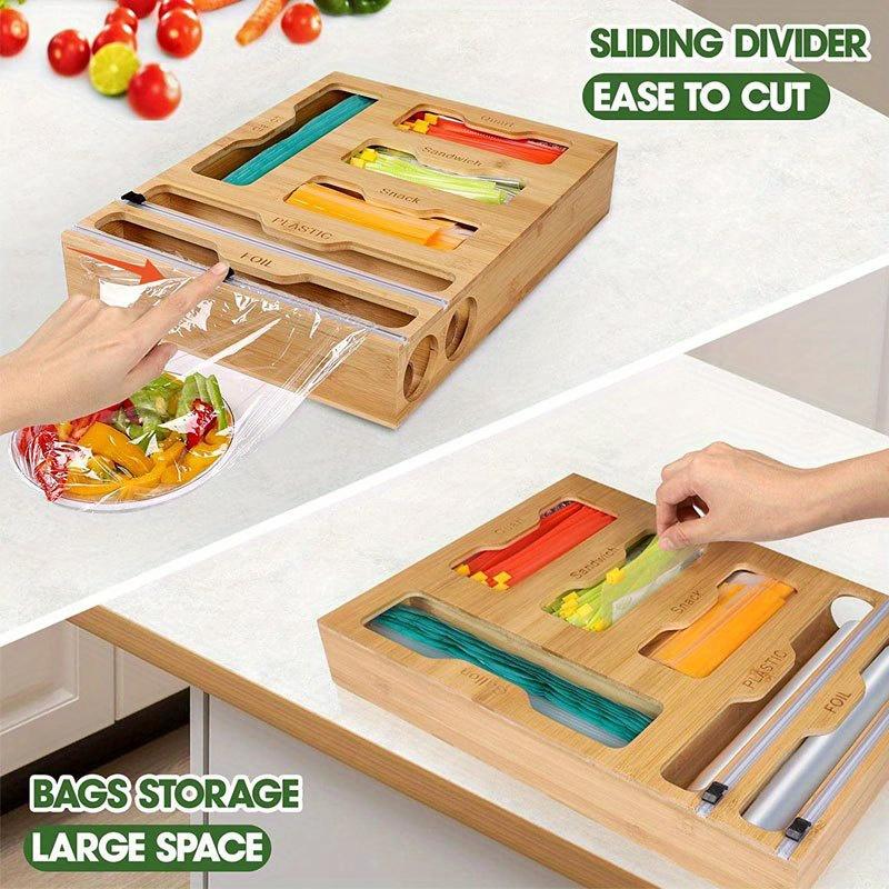 1pc 6 types of grids Plastic Organizer Kitchen Storage Box,Ziplock Bag Organizer&Foil&Plastic Wrap Dispenser With Cutter Bamboo.