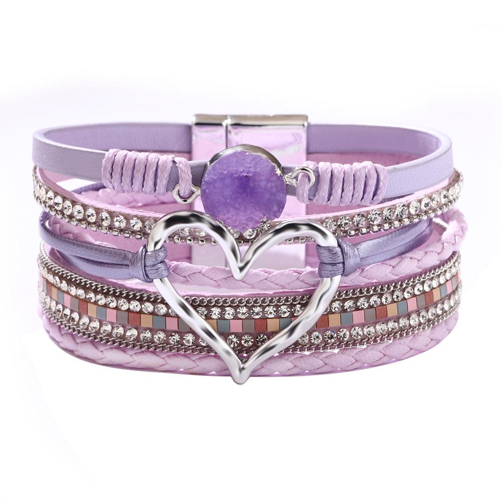 Bohemian Heart Rhinestone Magnetic Clasp Faux Leather Bracelet for Women