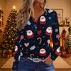Women's Casual Christmas Print V-Neck Long Sleeve T-Shirt with Decorative Buttons