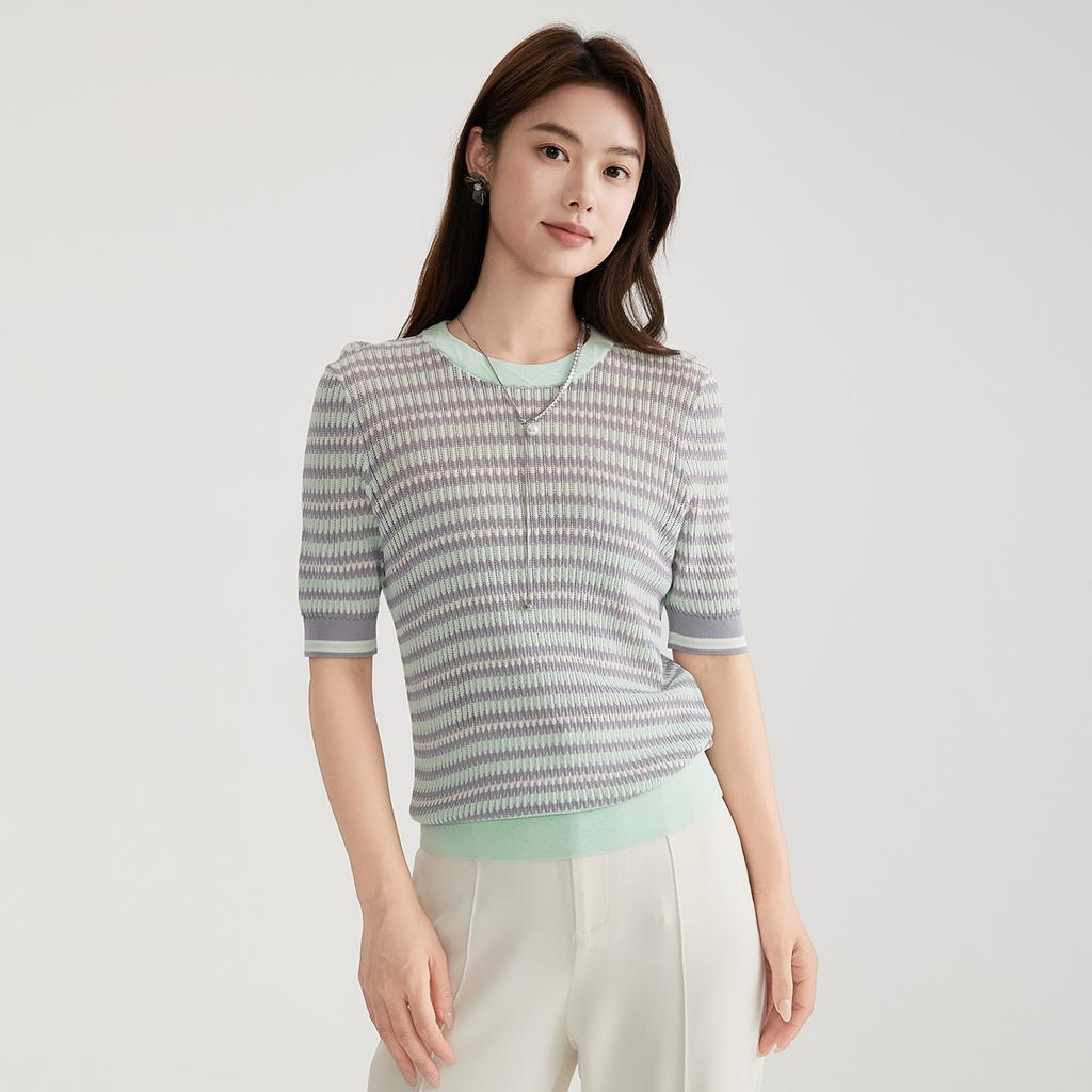 Women's Contrasting Striped Short-Sleeved Thin Knit Shirt